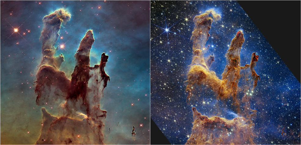 Le télescope spatial James Webb de la NASA a capturé un paysage luxuriant et très détaillé – les piliers emblématiques de la création – où de nouvelles étoiles se forment dans des nuages ​​​​denses de gaz et de poussière. Les piliers tridimensionnels ressemblent à des formations rocheuses majestueuses, mais sont beaucoup plus perméables. Ces colonnes sont constituées de gaz et de poussières interstellaires froids qui apparaissent – ​​parfois – semi-transparents dans le proche infrarouge.